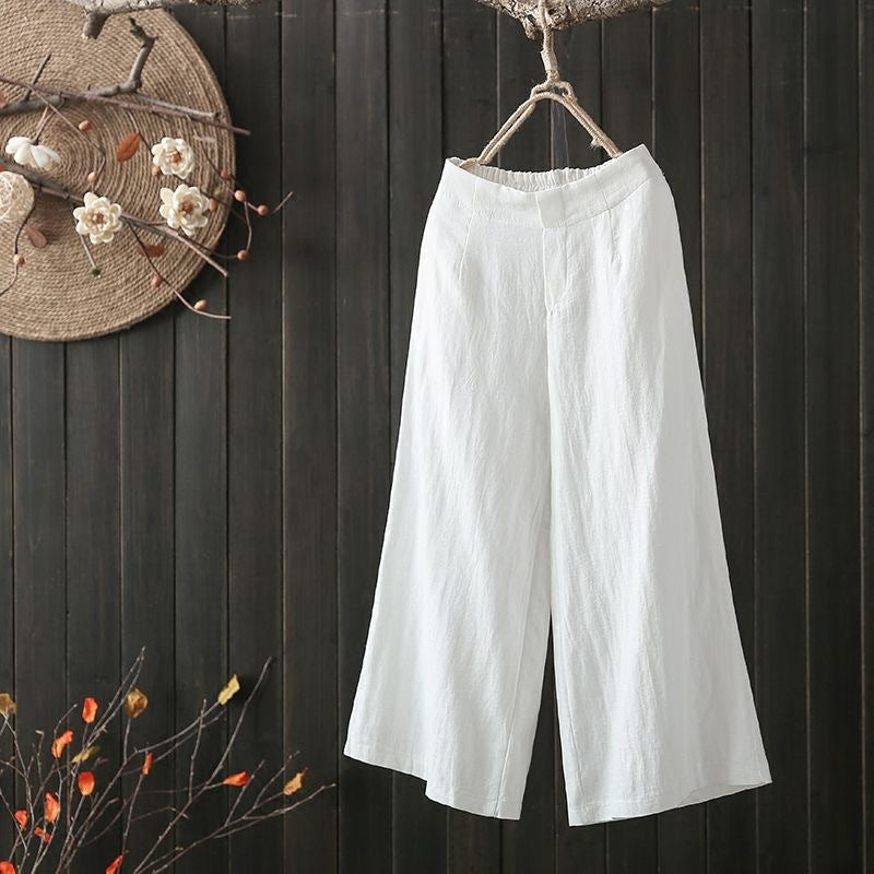Elastic Waist Cotton And Linen Cropped Wide-leg Pants