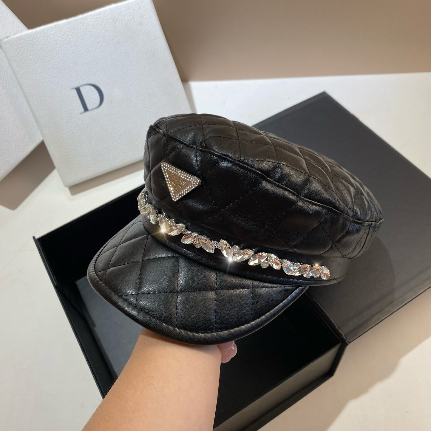 Diamond Plaid PU Navy Hat European And American