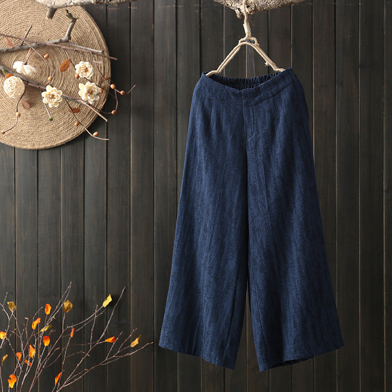 Elastic Waist Cotton And Linen Cropped Wide-leg Pants