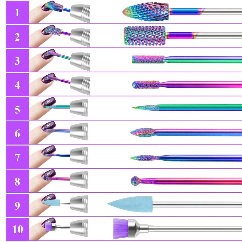 A 10pcs Nail Art Colorful Tungsten Steel Alloy Grinding Head Set GND Products