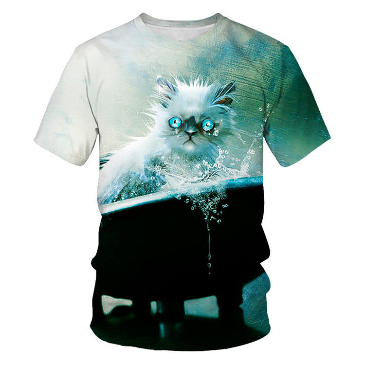 Men And Women Adult Children Cartoon Animal Cat Casual Loose Short Sleeves Saor Style