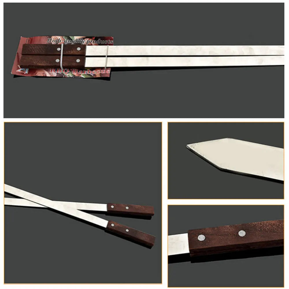 Stainless Steel Wooden Handle Flat Sign Barbecue Skewer Long Tools AliExpress