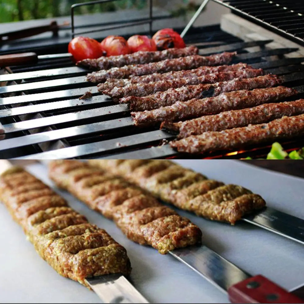 Stainless Steel Wooden Handle Flat Sign Barbecue Skewer Long Tools AliExpress