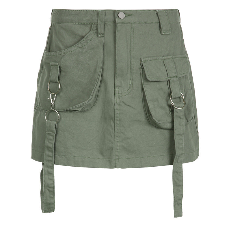 American Street Style Asymmetric Pocket Design Low Waist Denim Skirt Saor Style