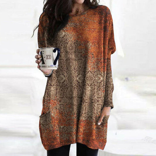 Loose Classic Retro Brushed Printed Top Saor Style