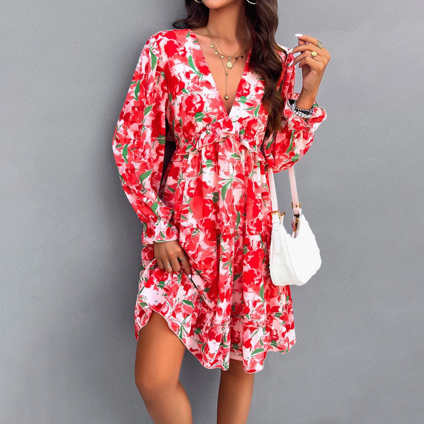 Women's Clothing Temperament Printed V-neck Long-sleeve Dress Saor Style