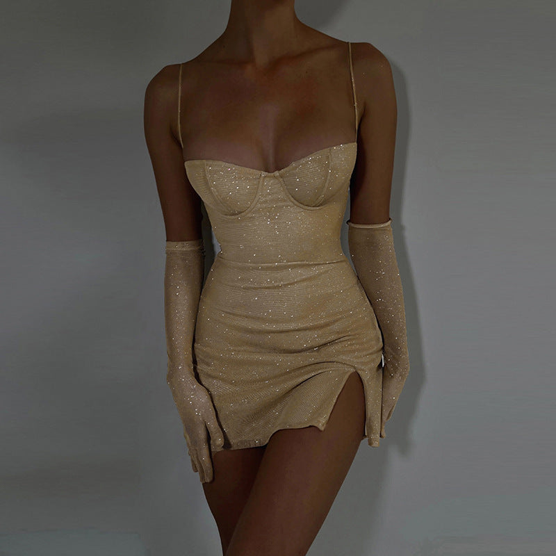 Halter Skirt Shiny Slim Fit Slimming Slit Saor Style