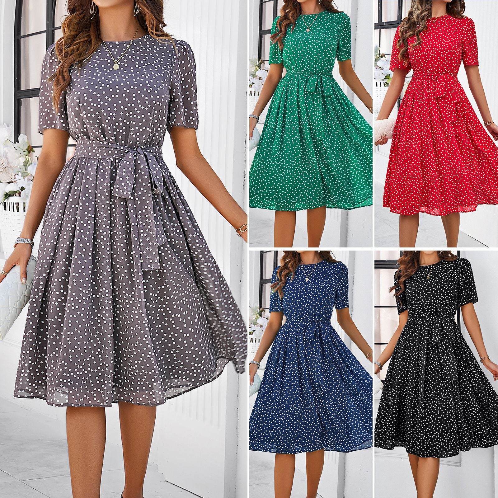 Women's Elegant Polka Dot Print Dress Saor Style