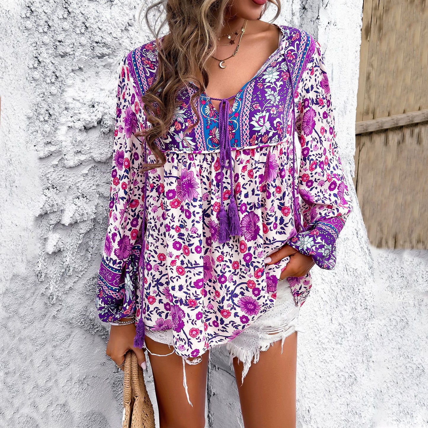 Women's Holiday Floral Print Long Sleeve Shirt Saor Style