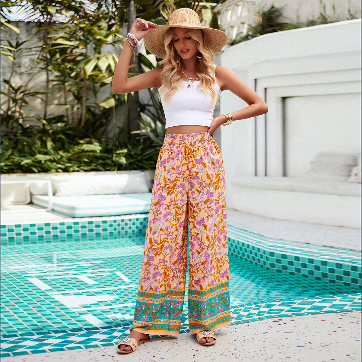 Fashion Women's Wear Printed Smocking Trousers Saor Style