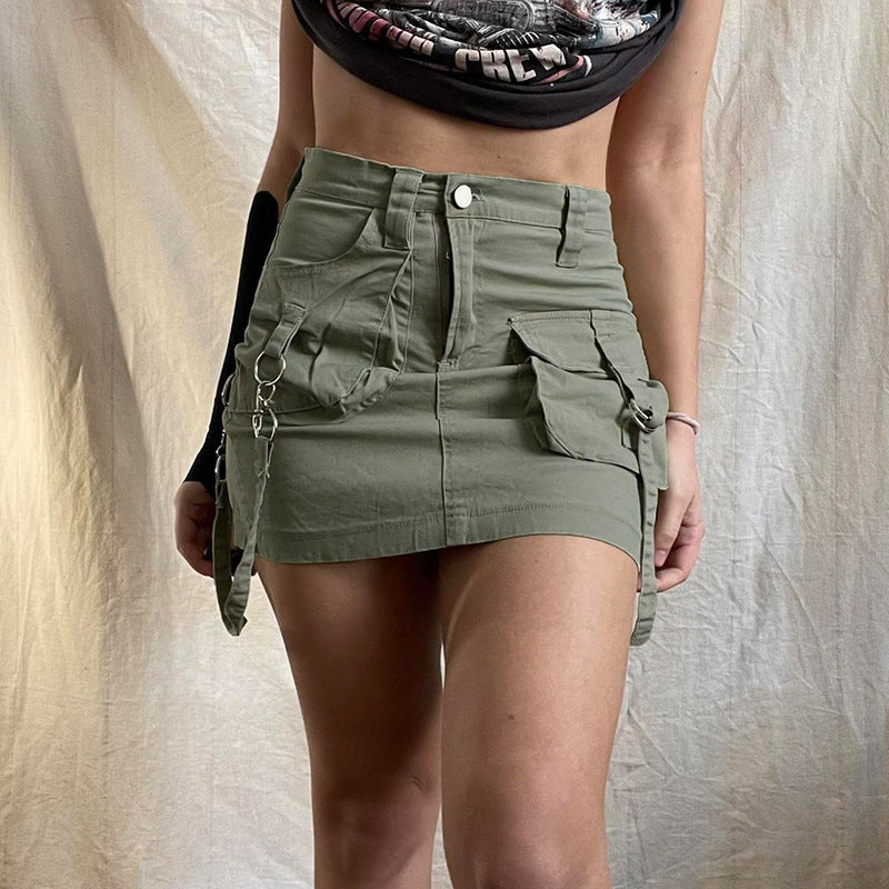 American Street Style Asymmetric Pocket Design Low Waist Denim Skirt Saor Style