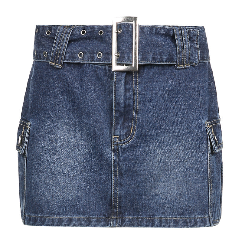 American Street Style Asymmetric Pocket Design Low Waist Denim Skirt Saor Style