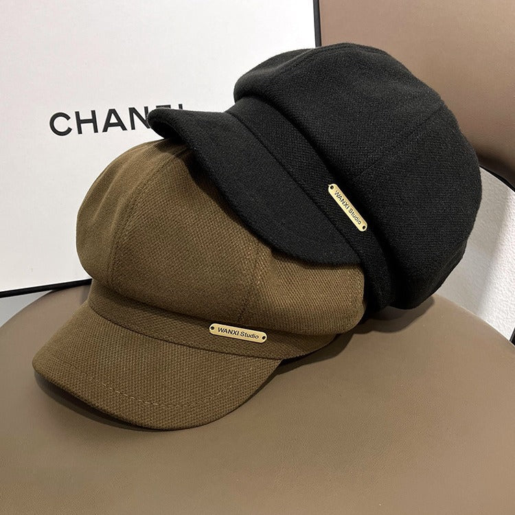Autumn And Winter Women's Ins Metal Label Letters Peaked Cap Beret British