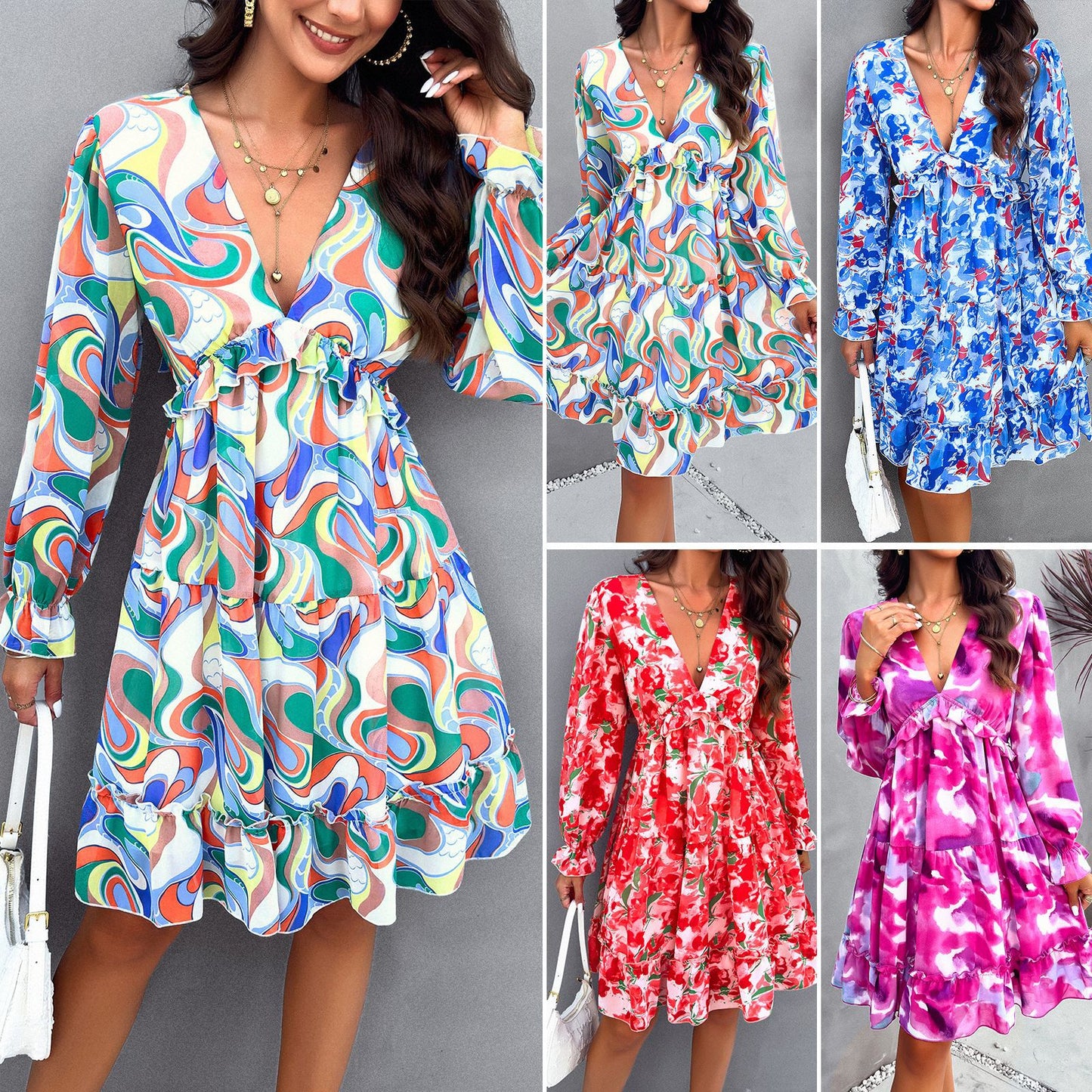 Women's Clothing Temperament Printed V-neck Long-sleeve Dress Saor Style