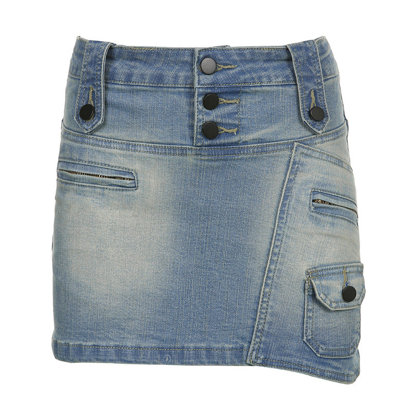 American Street Style Asymmetric Pocket Design Low Waist Denim Skirt Saor Style
