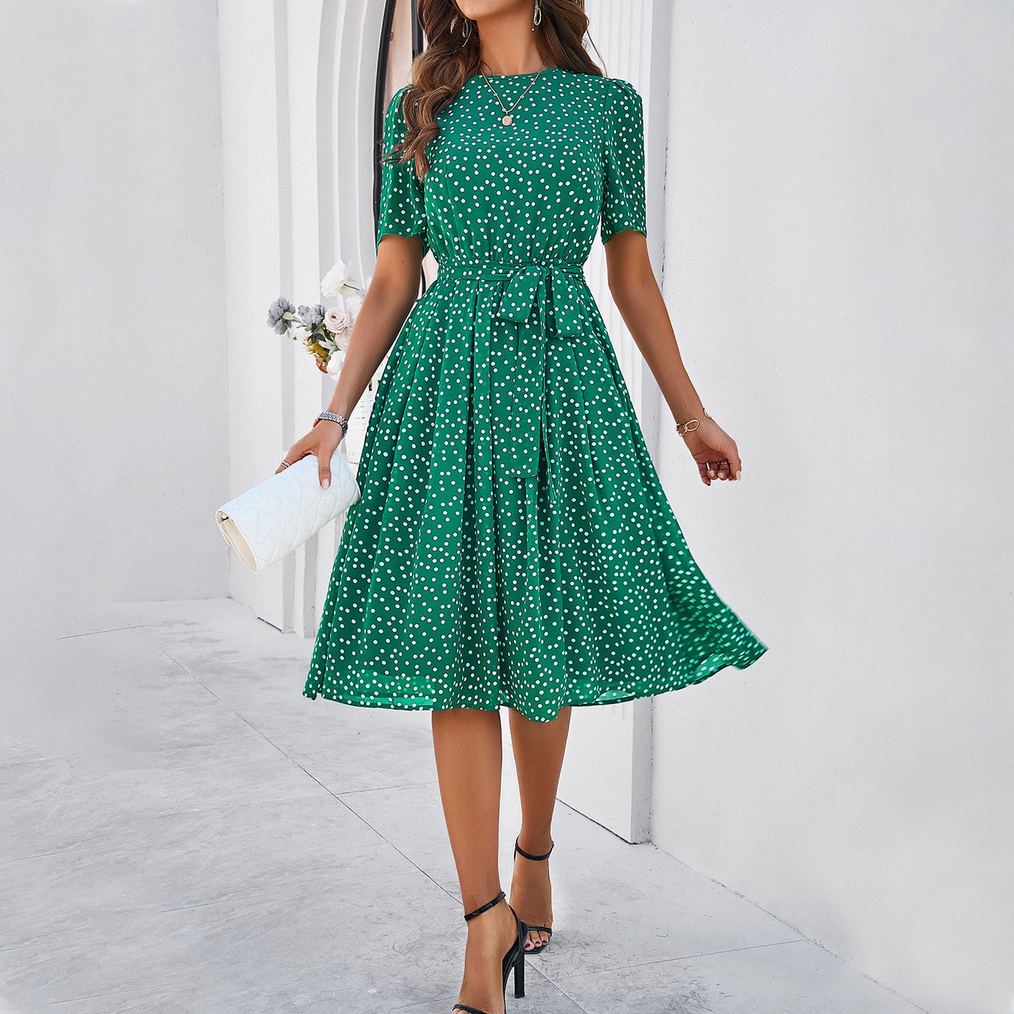 Women's Elegant Polka Dot Print Dress Saor Style