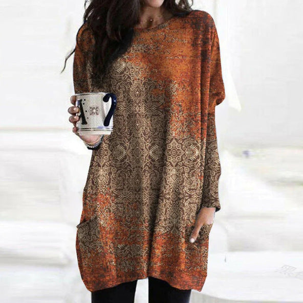 Loose Classic Retro Brushed Printed Top Saor Style