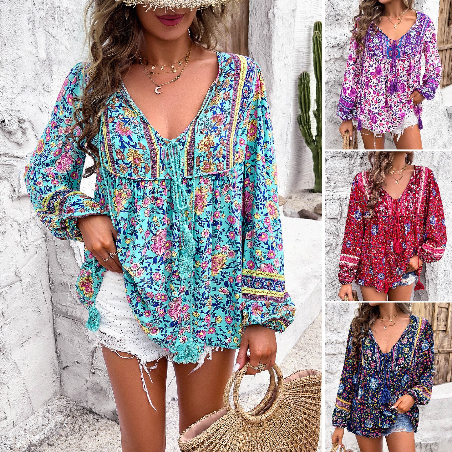 Women's Holiday Floral Print Long Sleeve Shirt Saor Style