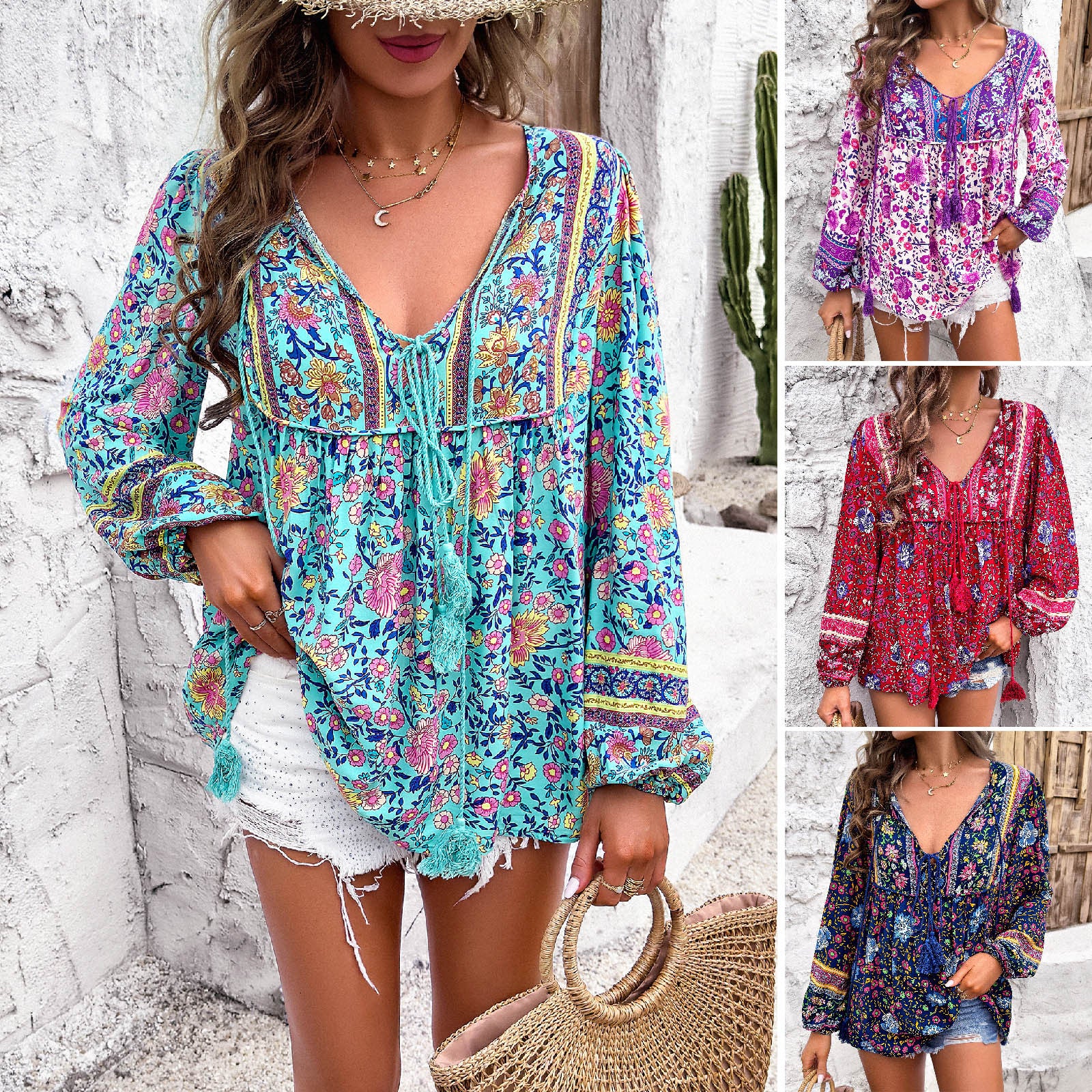 Women's Holiday Floral Print Long Sleeve Shirt Saor Style