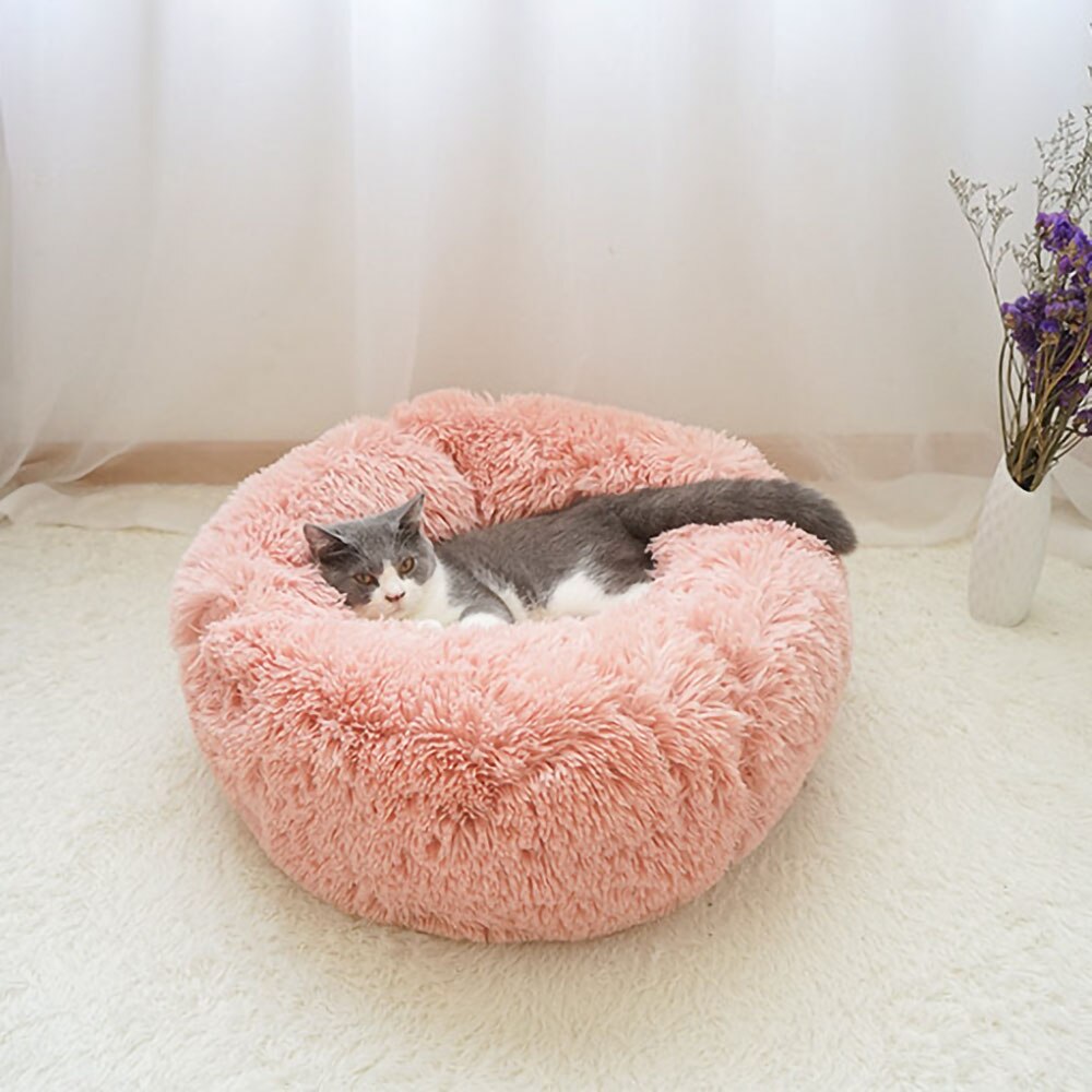 Soft Long Plush Cat Bed House Round Pet Cat Cave Grey Ismene