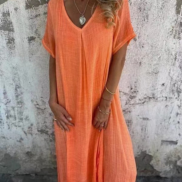 Women's Fashion Temperament Cotton Linen V-neck Semi-formal Dress Saor Style