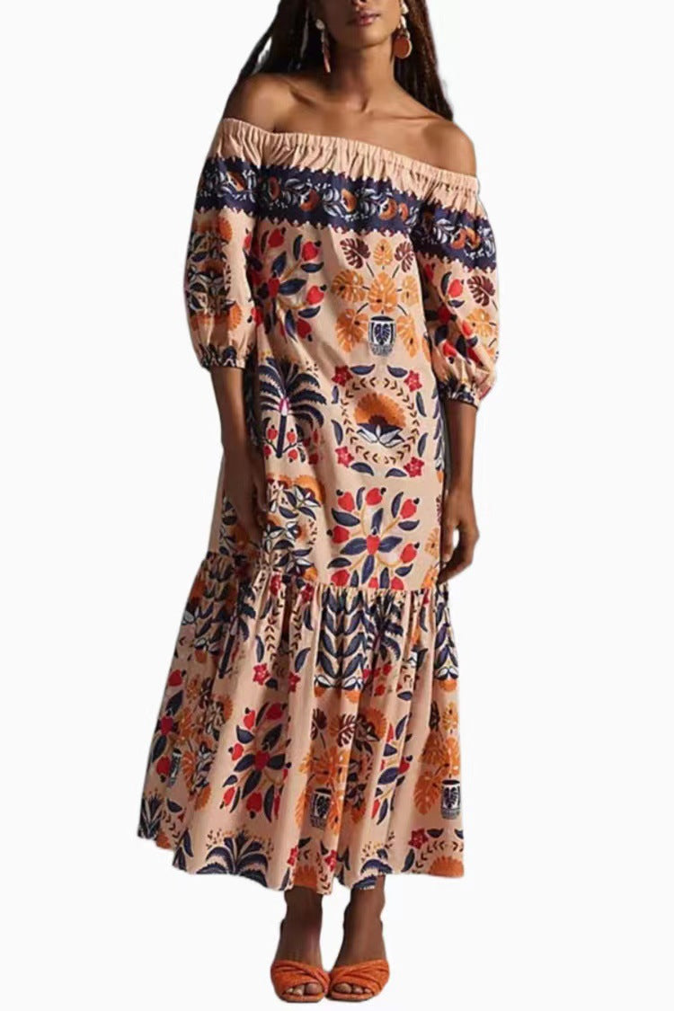 Women's Summer Vintage Printing Loose Pockets Dress Saor Style