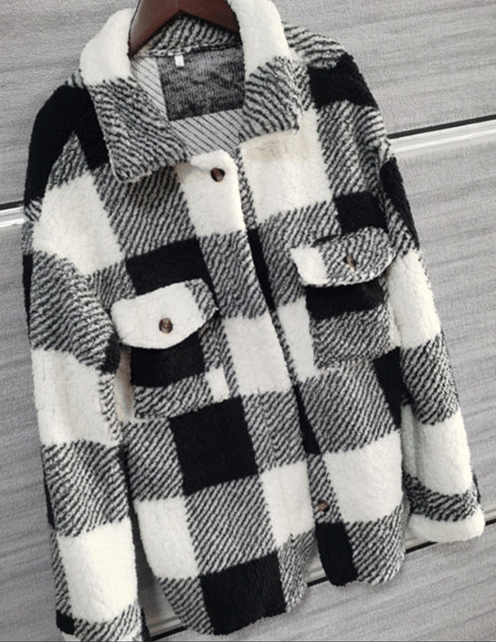 Autumn And Winter Long Sleeve Double Pocket Plaid Furry Coat Women Saor Style