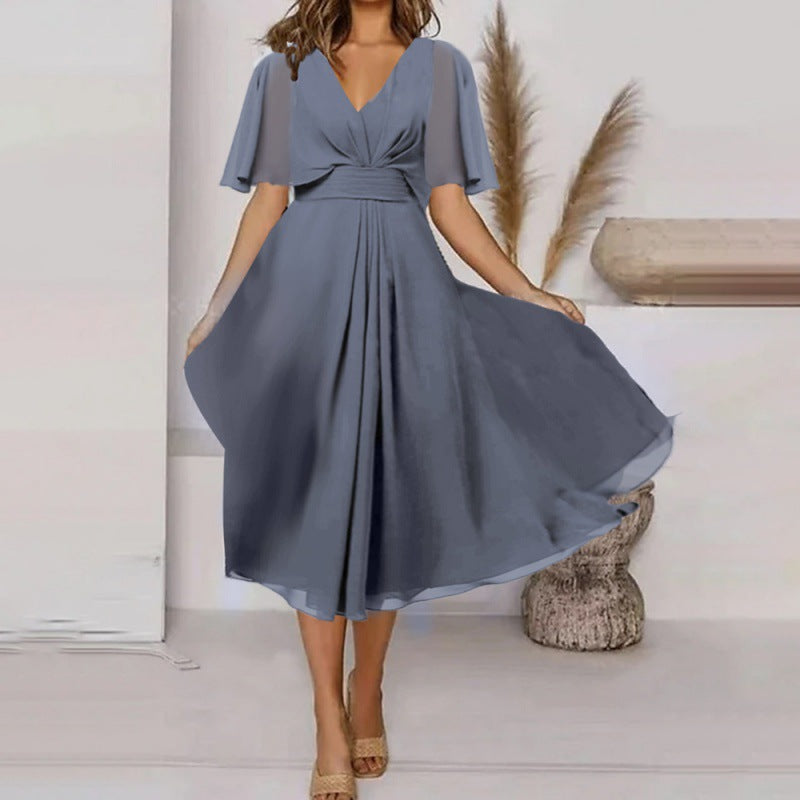 Fashion Solid Color And V-neck Waist Trimming Casual Large Swing Dress Saor Style