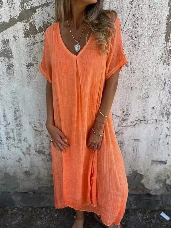 Women's Fashion Temperament Cotton Linen V-neck Semi-formal Dress Saor Style
