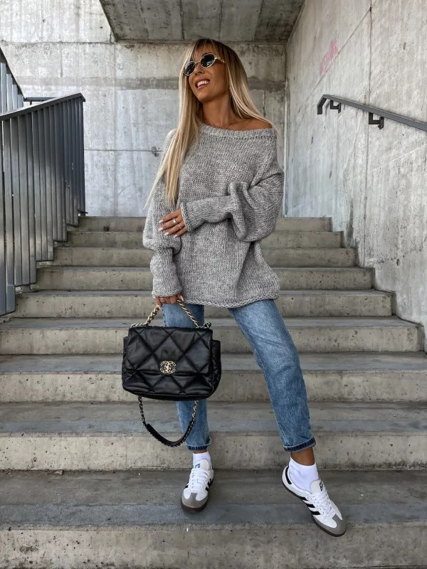 Strapless Round Neck Pullover Knitting Temperament Commute Loose Sweater Saor Style