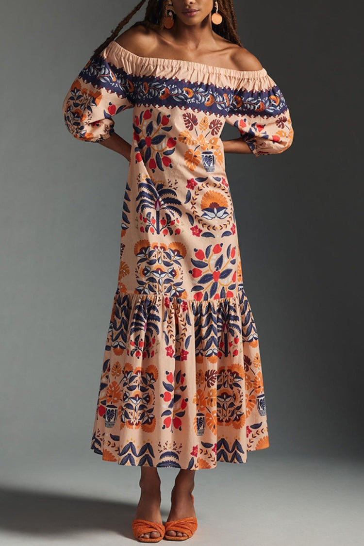 Women's Summer Vintage Printing Loose Pockets Dress Saor Style