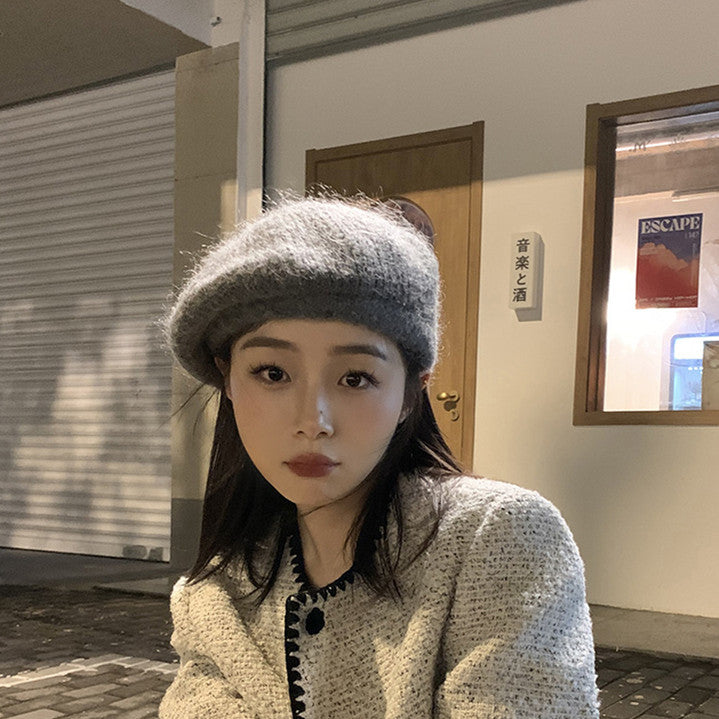 Soft Glutinous Mohair Knitted Plush Knitted Hat Beret
