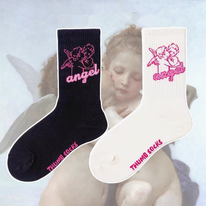 Angel Mid Tube Simplified Letters Sports Casual Trend Socks