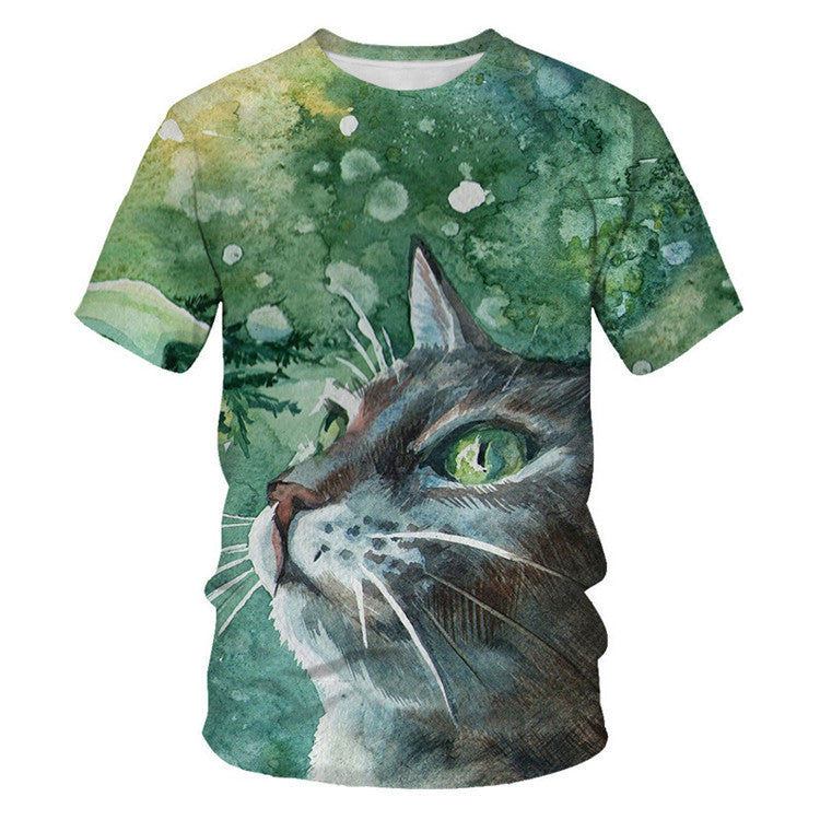 Men And Women Adult Children Cartoon Animal Cat Casual Loose Short Sleeves Saor Style