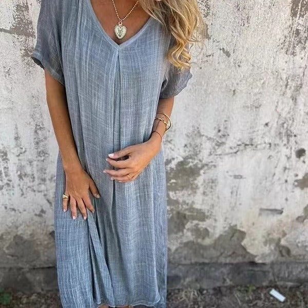 Women's Fashion Temperament Cotton Linen V-neck Semi-formal Dress Saor Style