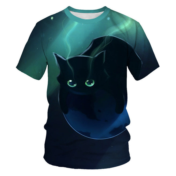 Men And Women Adult Children Cartoon Animal Cat Casual Loose Short Sleeves Saor Style