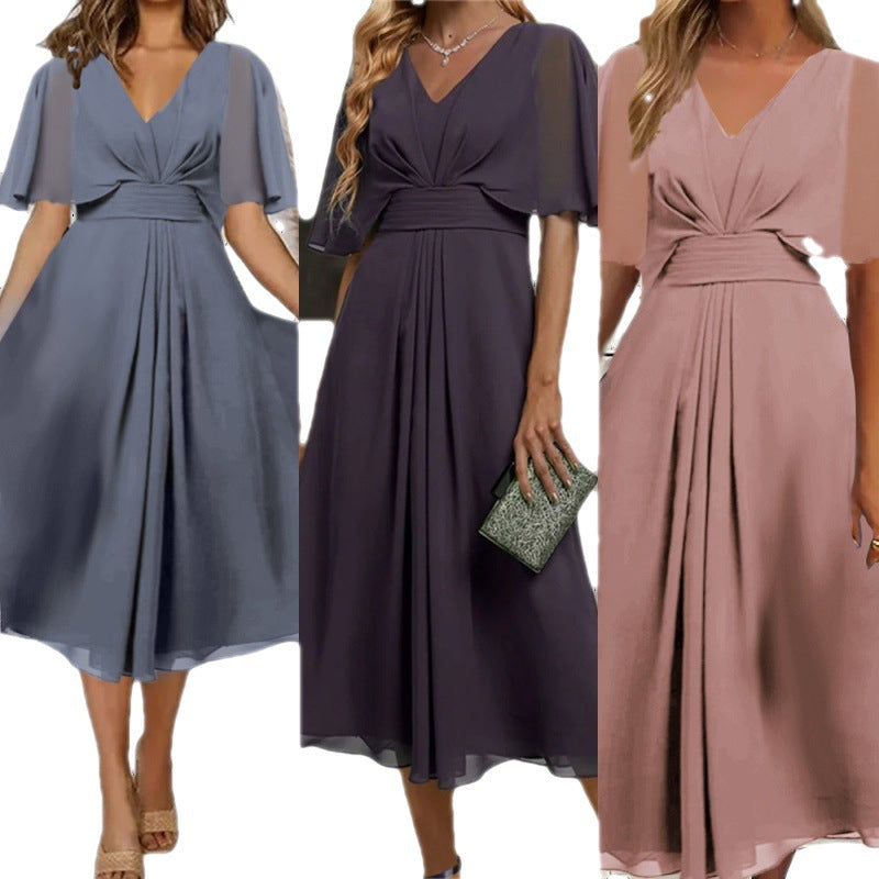 Fashion Solid Color And V-neck Waist Trimming Casual Large Swing Dress Saor Style