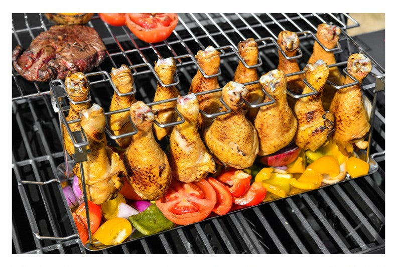 Portable Grilling Basket Mesh Clip 14 Slot Stainless Steel BBQ Rib Shelf Non-Stick Barbecue Chicken Wing Leg Rack GND Products