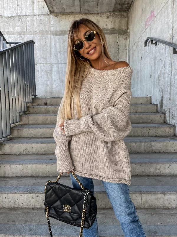 Strapless Round Neck Pullover Knitting Temperament Commute Loose Sweater Saor Style