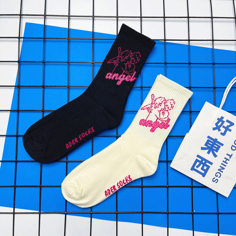 Angel Mid Tube Simplified Letters Sports Casual Trend Socks
