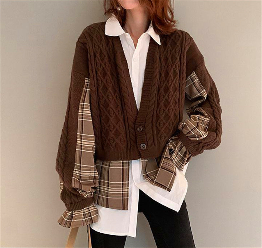 Korea Chic Knitted Cardigan Spliced Womens Autumn