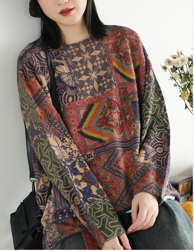 Retro Ethnic Style Long Sleeve Round Neck Pullover Sweater Saor Style