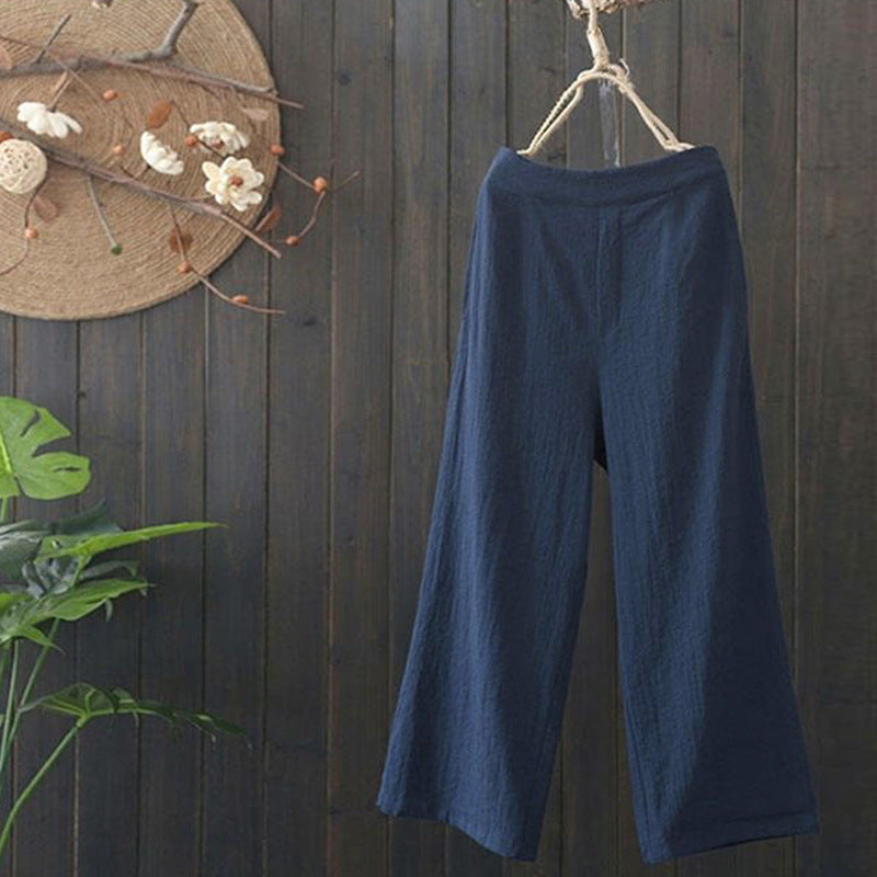 Elastic Waist Cotton And Linen Cropped Wide-leg Pants