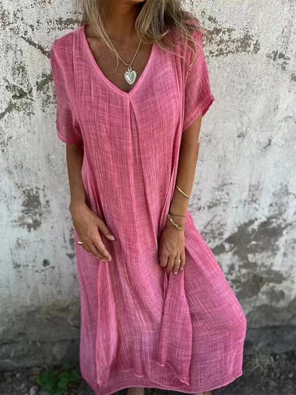 Women's Fashion Temperament Cotton Linen V-neck Semi-formal Dress Saor Style