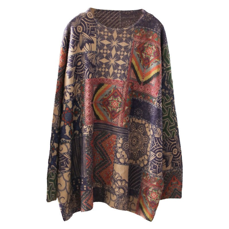 Retro Ethnic Style Long Sleeve Round Neck Pullover Sweater Saor Style