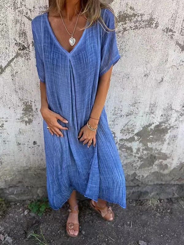 Women's Fashion Temperament Cotton Linen V-neck Semi-formal Dress Saor Style