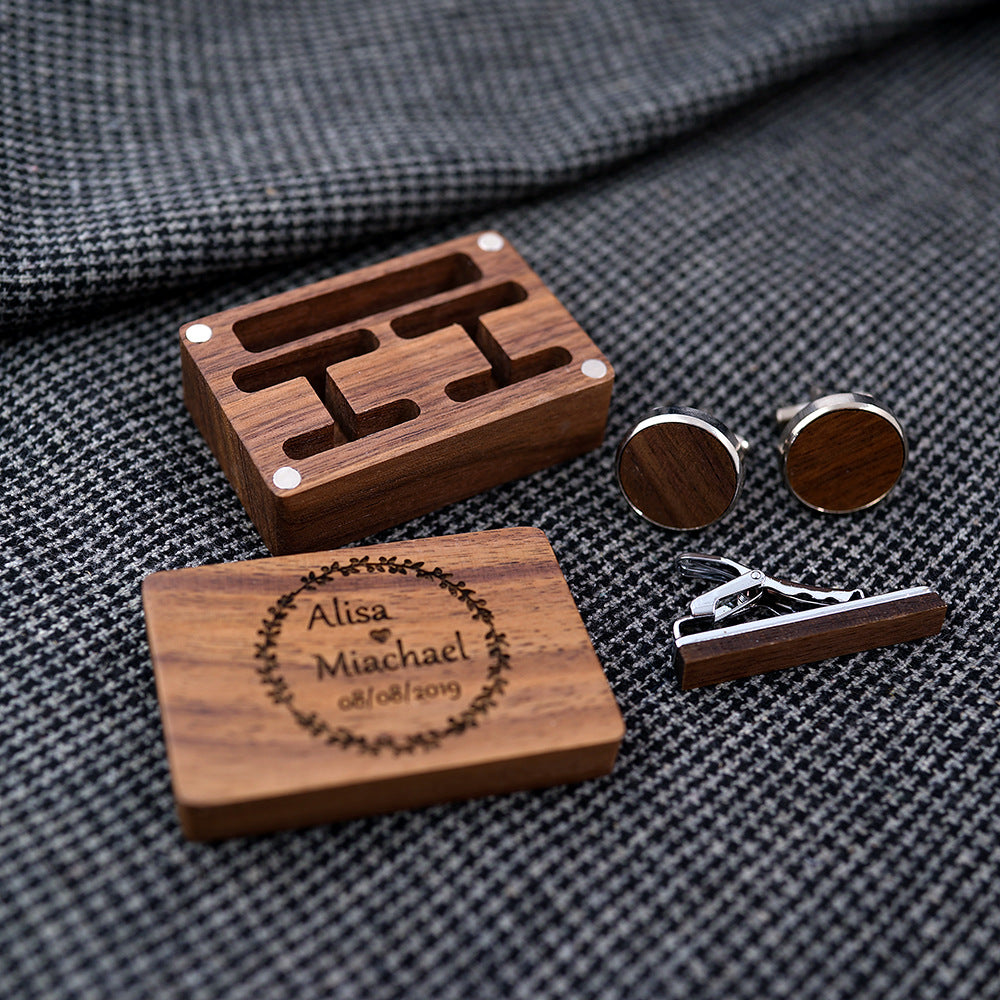 Solid Copper Wedding Solid Wood Tie Clip Cufflinks Set Saor Style