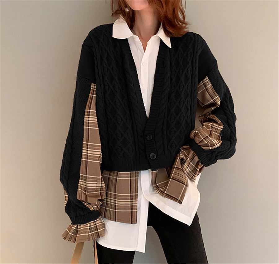 Korea Chic Knitted Cardigan Spliced Womens Autumn